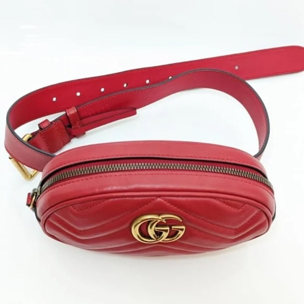 Authentic Gucci GG Marmont Belt Bag Matelasse Red Leather Waist Pouch Gucci - Picture 7 of 15